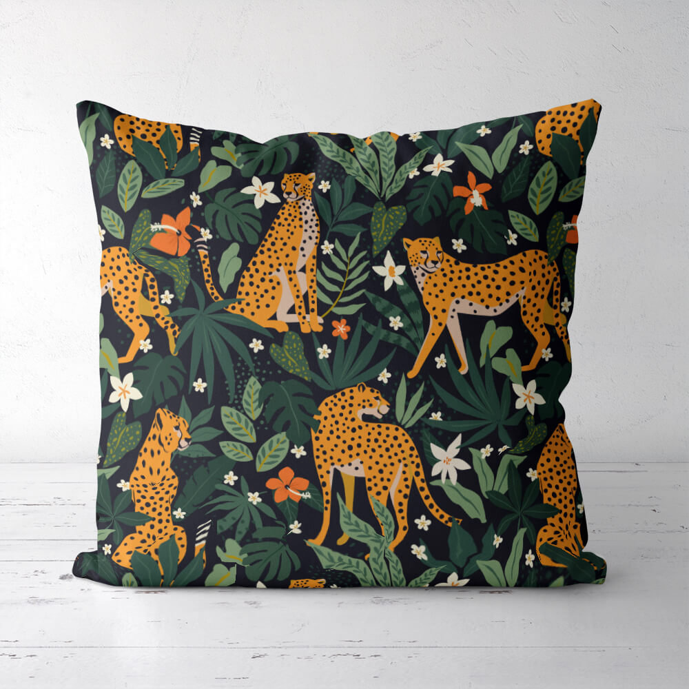 Throw Pillow – Leopards Flowers Tropical Leaves Pattern