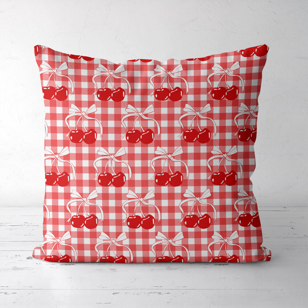 Throw Pillow – Cherry And Bow Pattern On Checkered Background