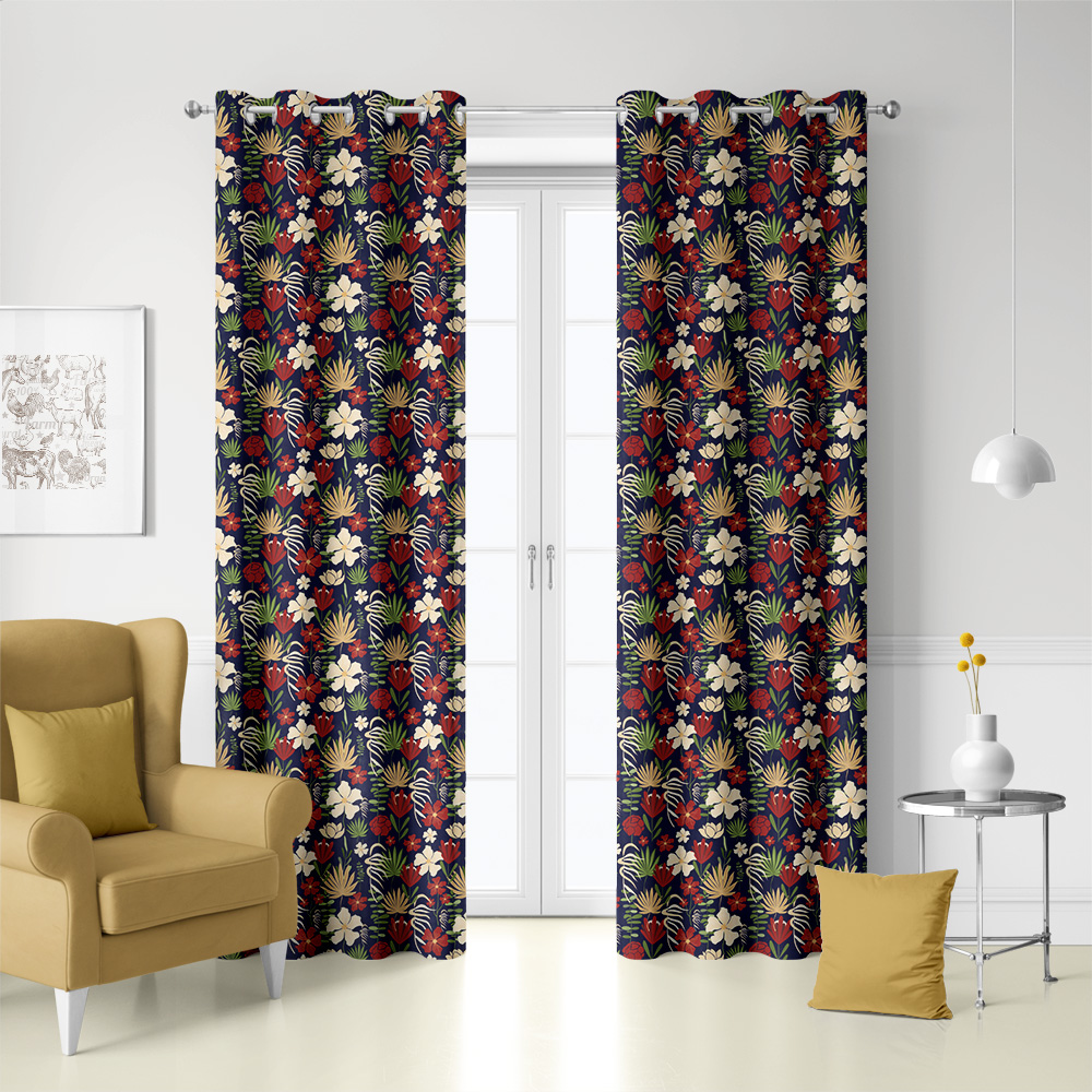 Curtain – Modern Botanical Floral Abstract On Navy Blue Background