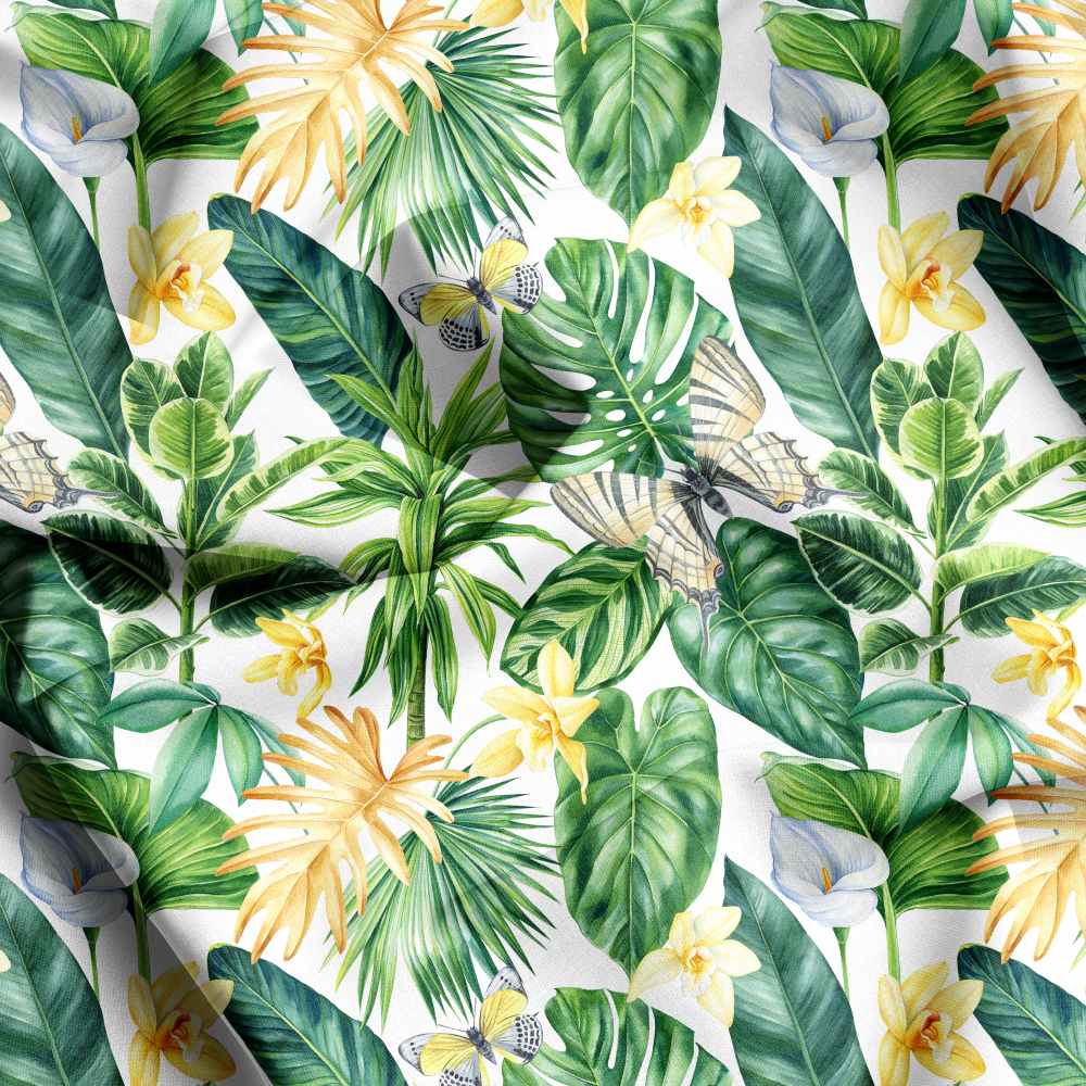Vintage Liberty Floral Print Fabric – Watercolor Tropical Leaves & Butterflies | Custom Print Fabrics
