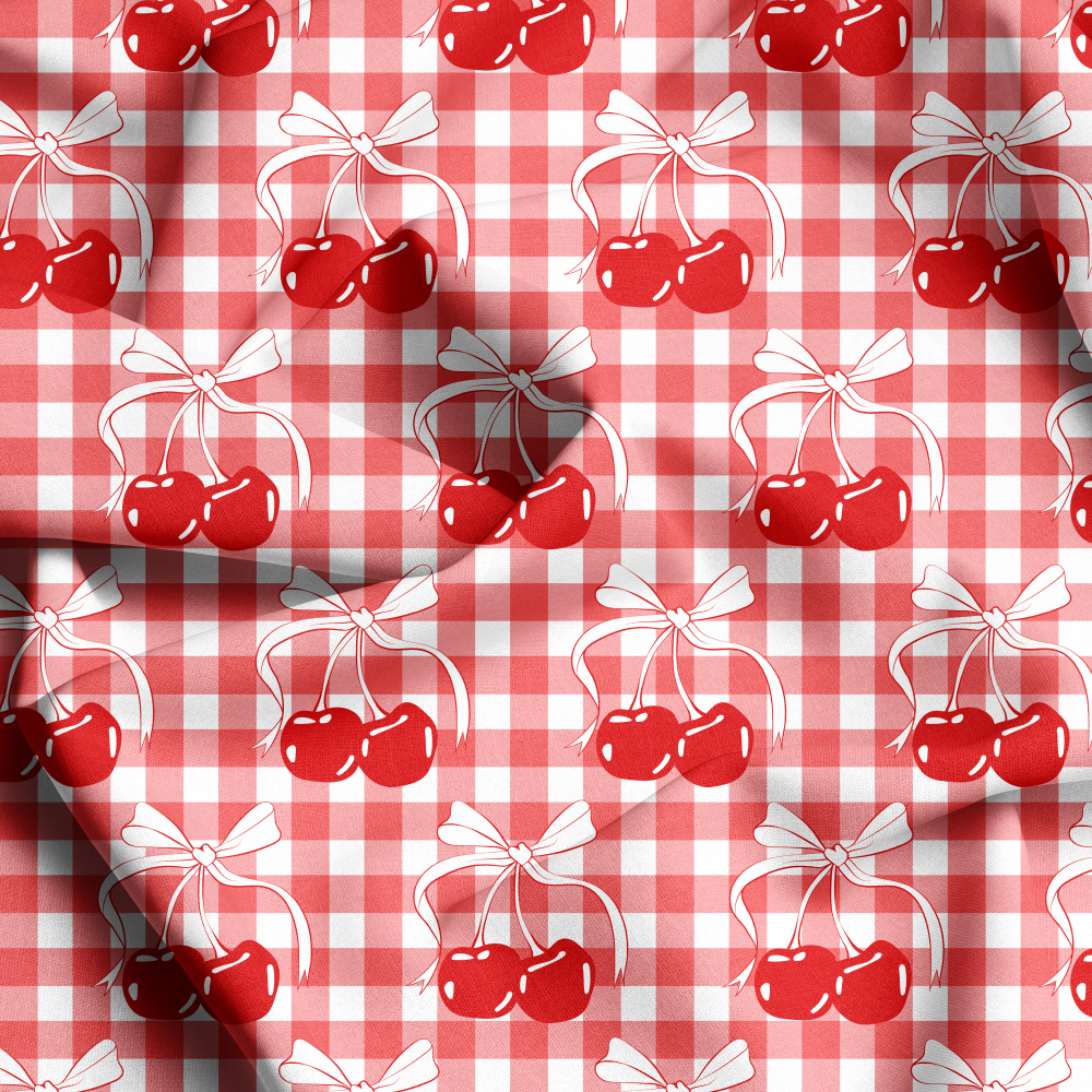 Cherry and Bow on Checkered Background Seamless Pattern - Custom Print Fabrics