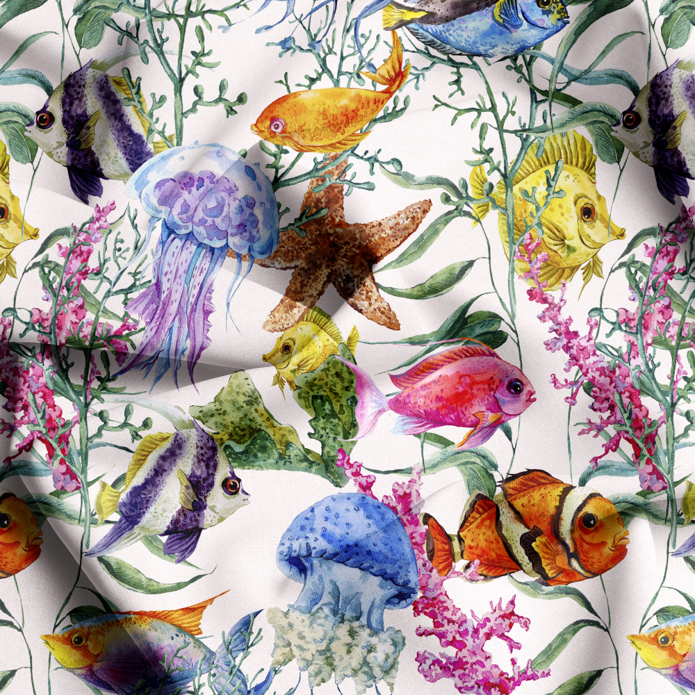 Watercolor Underwater Sea Life Fabric | Custom Print Jellyfish & Fish Pattern