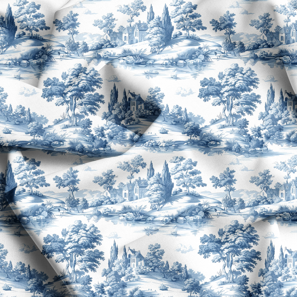 Vintage Blue Floral Fabric – Shimmering Lake with Reflections of Houses - Trees - and Boats | Custom Print Fabrics