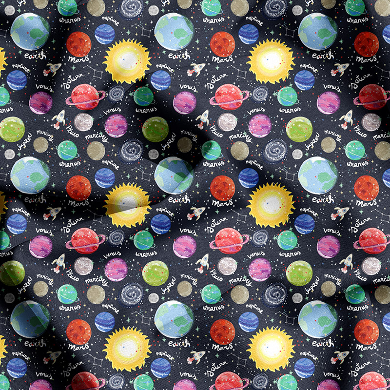 Sun Solar System Planets Spaceship Seamless Patten - Custom Print Fabrics