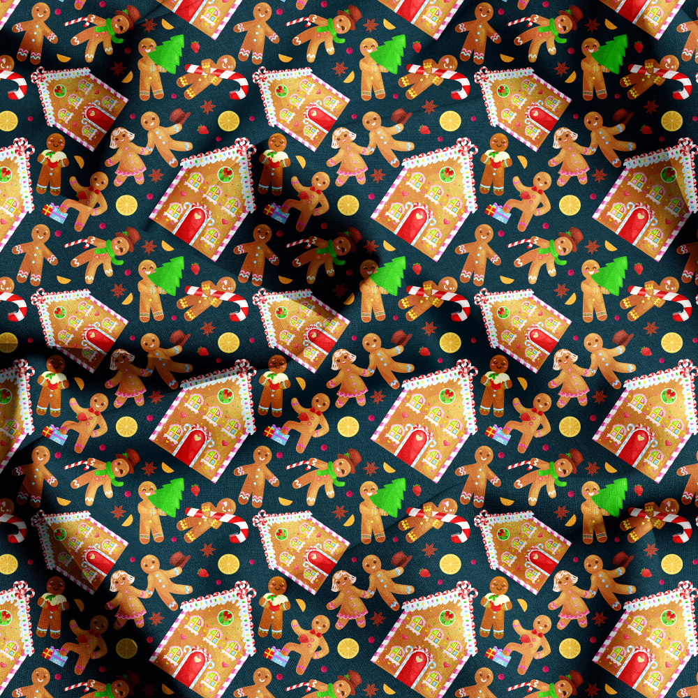 Cartoon Print Fabrics with Christmas Gingerbread House Man - Custom Repeat Designs for Every Application