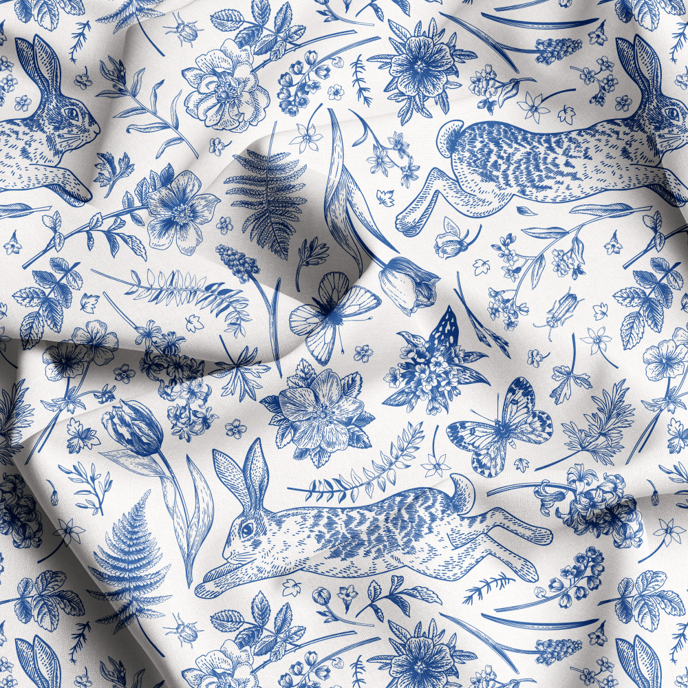 Rabbits And Plants Hand - Painted Blue Seamless Pattern - Custom Print Fabrics
