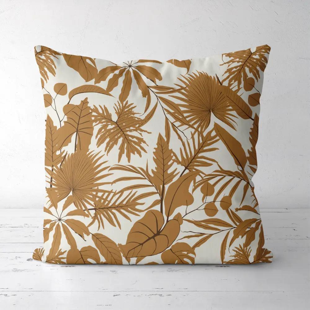 Lin_Throw Pillow – Vintage Brown Exotic Leaves And Palm Leaves