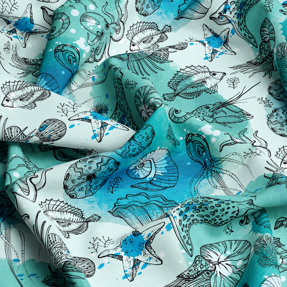 yancy--Sea Life Seamless Pattern With Watercolor Deepwater Living Organisms - Custom Print Fabrics