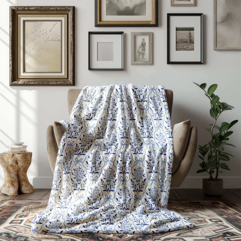 Botanical Classic Blue Bow And Flowers Blanket